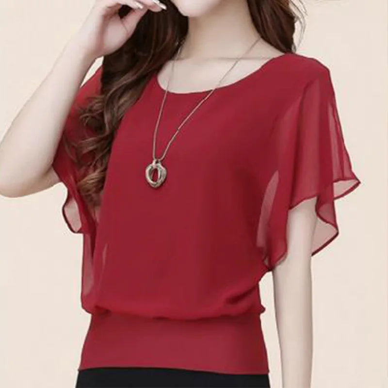 1pcs Summer Batwing Sleeve Chiffon T-Shirt Loose-Fit Women's Clothing Base Layer Top Fashionable Lady Plus Size Short Sleeves