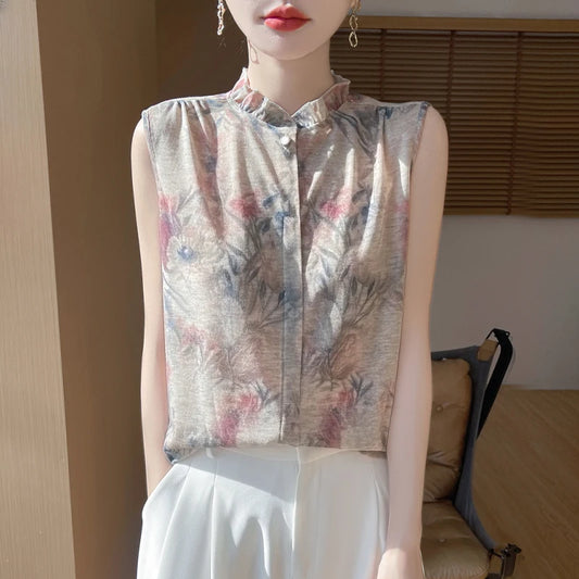 2025 New Chinese Sleeveless Shirt Lace Collar Knit Base Shirt Ink Painting National Style Fashion Western Style Blouse RW M13