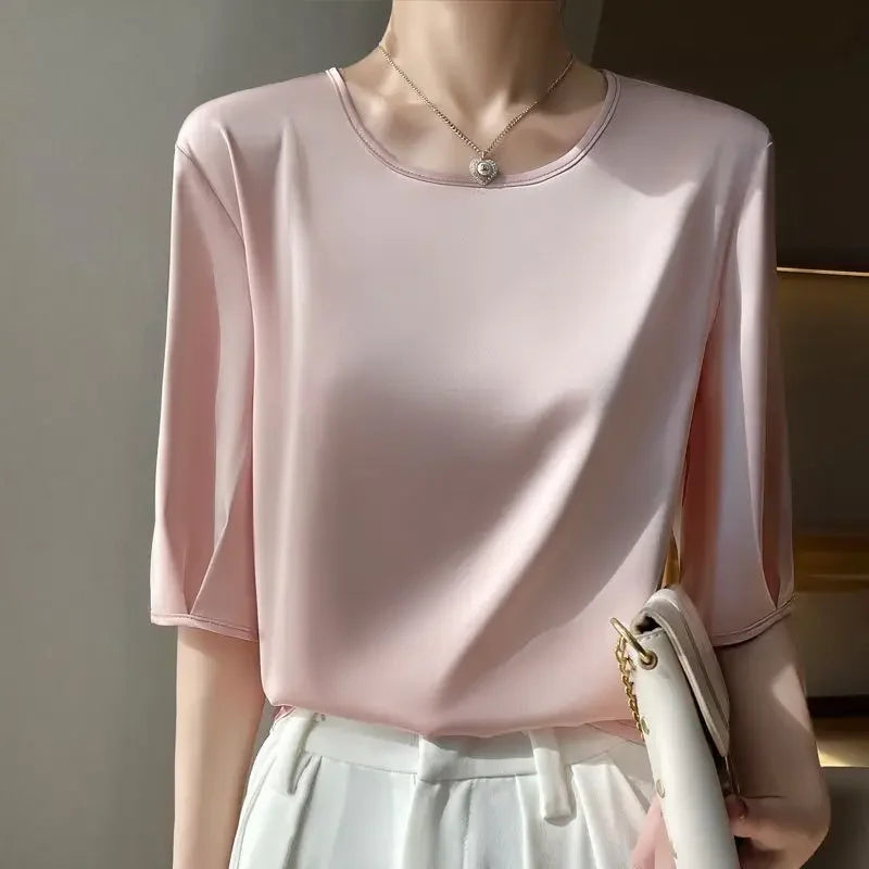 Summer satin Women Blouse Silky Loose Woman Shirt lady's half Sleeve tops Casual solid t-shirt O-Neck pullover women's clothing