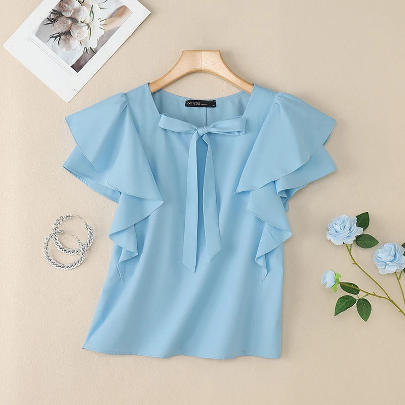 2025 ZANZEA Women Square Neck OL Work Blouse Summer Elegant Office Shirts Stylish Short Ruffled Sleeve Tunic Tops Blusas Femme