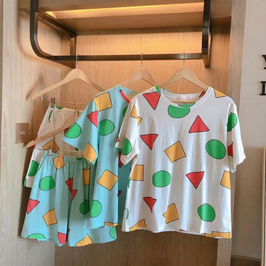 Short-Sleeved Pyjamas Women's Summer Cartoon Cute Geometric Nightwear Homewear Casual Pullover Shirt Ladies Sleepwear Loungewear