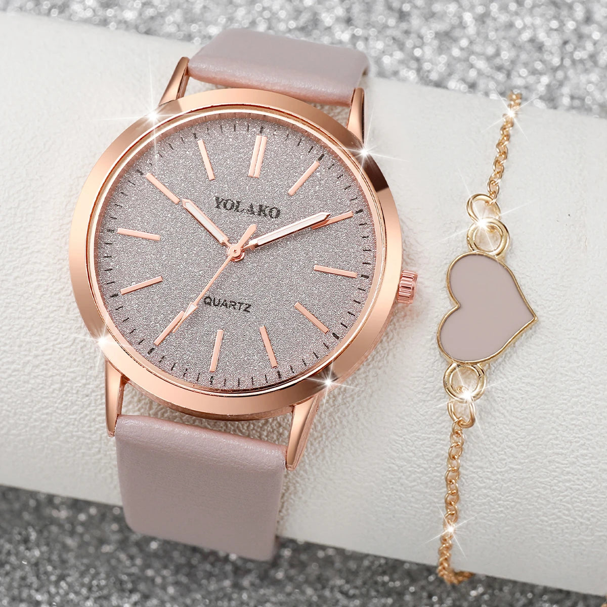 2PCS/Set Fashion Women Leather Strap Wrist Watches Simple Dial Quartz Watch With Heart Bracelet Set (Without Box)