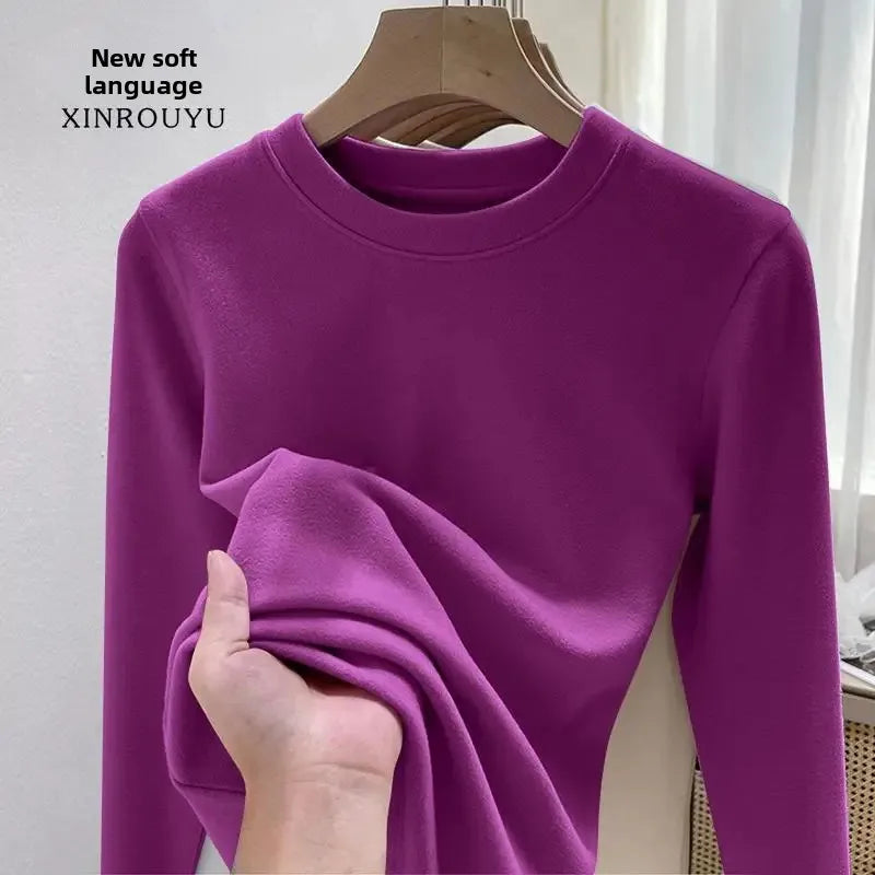 Women's Fleece Lined Long Sleeve T-Shirt Base Layer Shirt Autumn Winter New Style Slimming Versatile Inner Wear Crew Neck Top