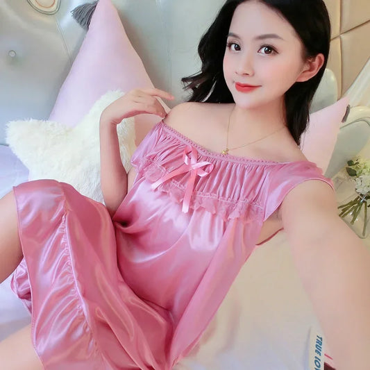 Summer Ice Silk Short Sleeve Loose plus Size Lace Nightgown Sexy Home Clothes Dress for Women Comfortable Breathable Sleepwear