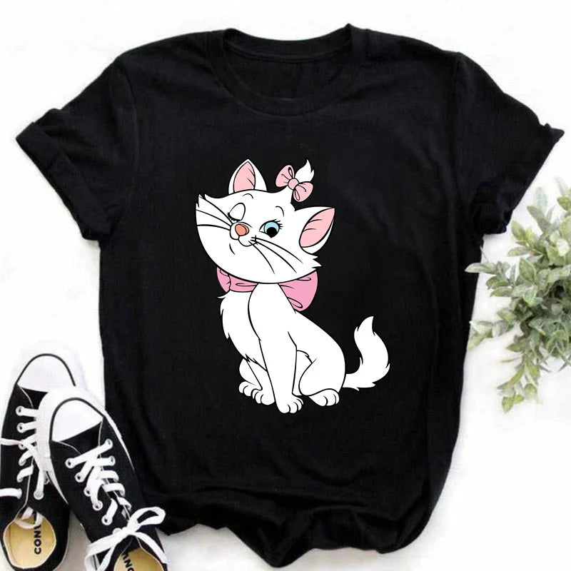 The Aristocats Marie Cat Kawaii Cute Graphic Print Cotton T-shirt 2024 Women's Summer Top Y2K Cute Style Couple Short Sleeve Top