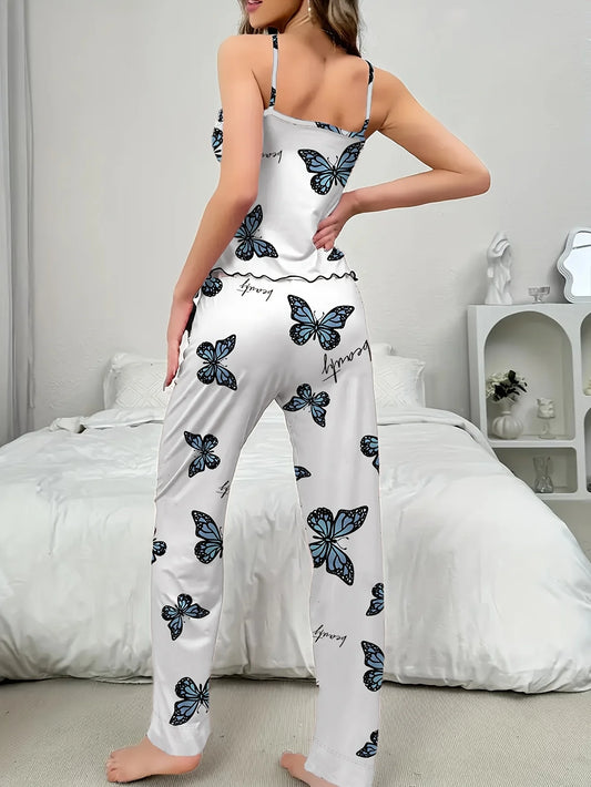 Women's Four-Season Camisole with Blue Butterfly Print, Romantic Atmosphere Pajamas, Pastoral Style Sexy Ins Pajama Set for Women