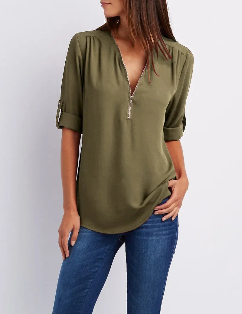 2025 Hot Sale Women Cool Loose Shirt Deep V Neck Chiffon Fashion Blouse Casual Ladies Tops Sexy Zipper Pullover Plus Size