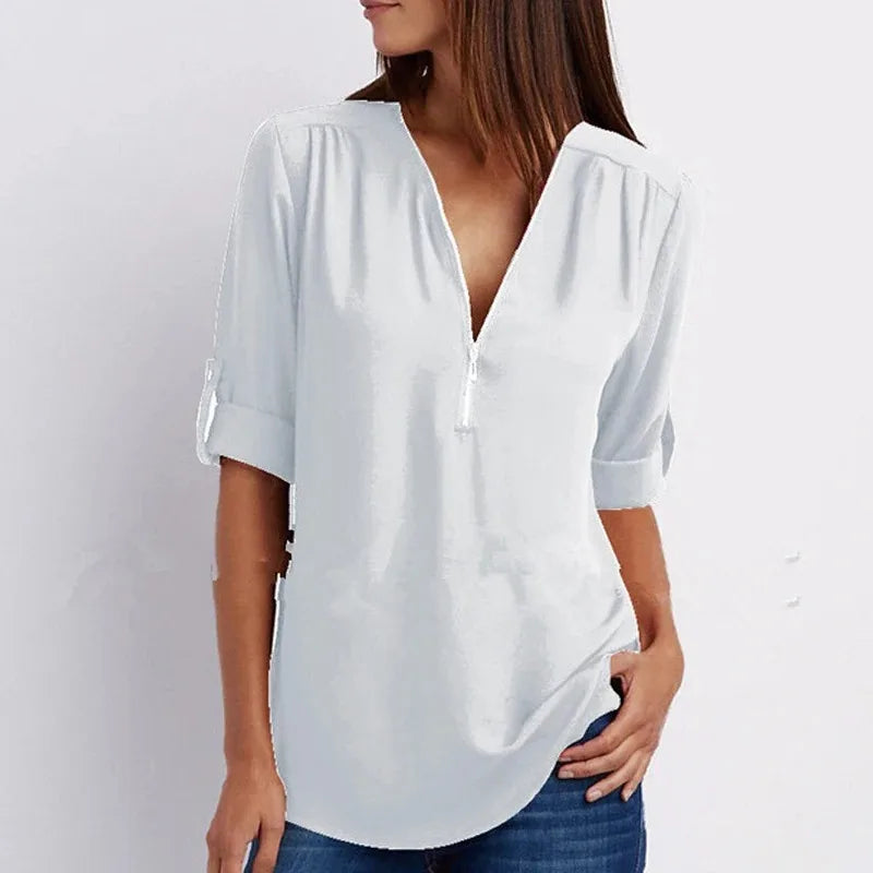 Women's Long Sleeve Chiffon Blouse V-neck Top Zipper Casual Loose Solid Casual Clothes 2025 New 25811