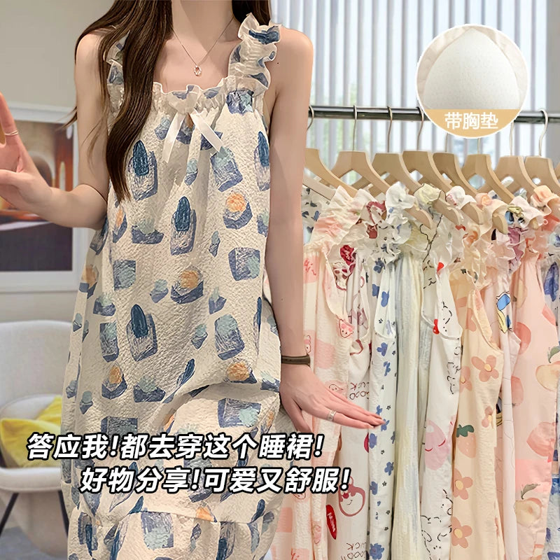 Cloud Cotton Sp Dr Women's Summer Strap Built-in Chest Pad Medium Length Thin Cute 2025 New Nightgown Home Clothes