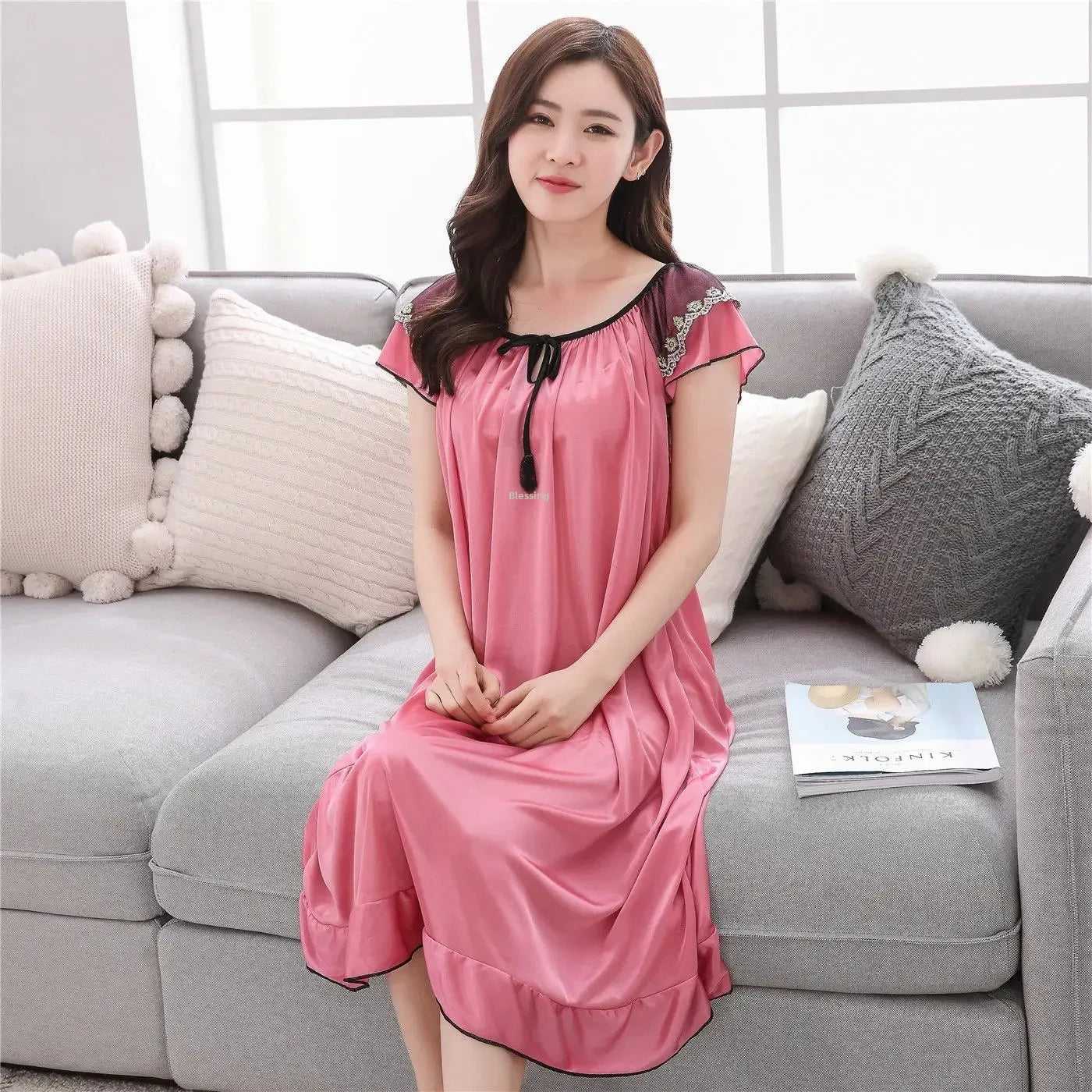 Long Ice Silk Sleep Dress Short Sleeve Women's Nightgown Home Clothes plus Size Simulated Silk Summer Sleepwear Robe