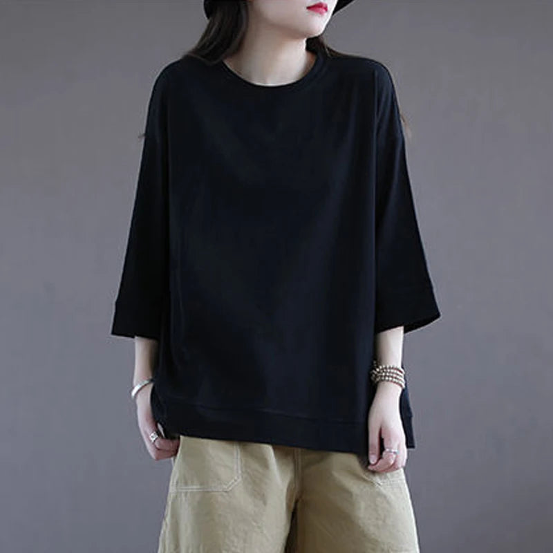 Casual Cotton T-irt Women's Summer Loose Slim Fit Faionable Seven-Quarter Sve round Ne Print Top for Commute