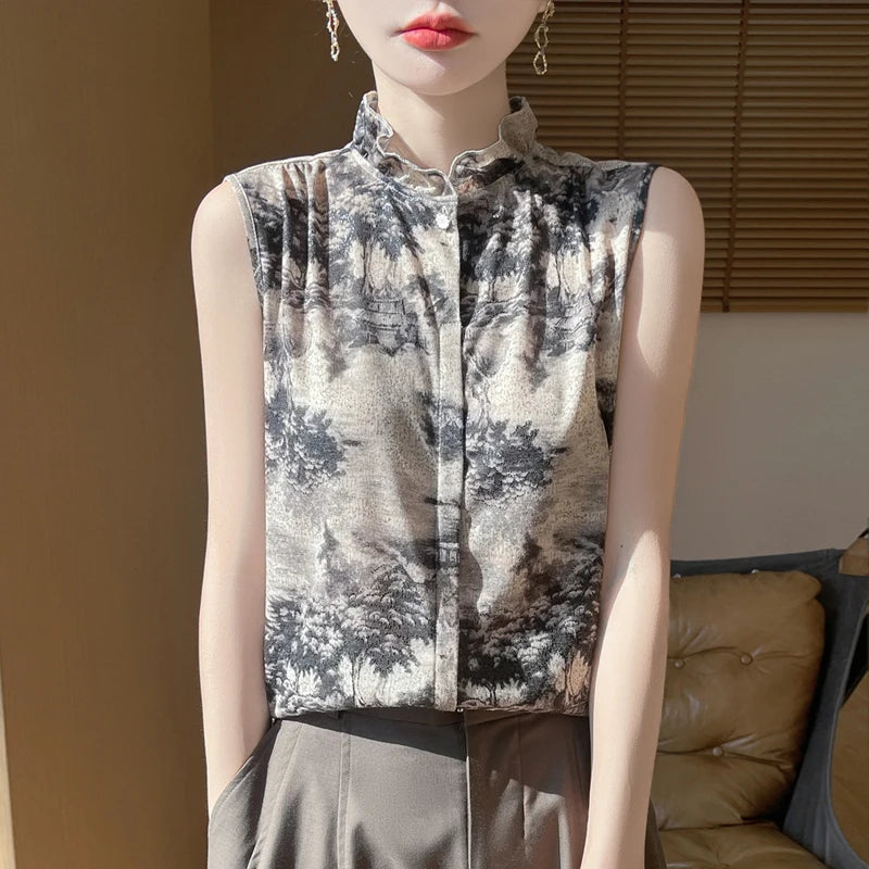 2025 New Chinese Sleeveless Shirt Lace Collar Knit Base Shirt Ink Painting National Style Fashion Western Style Blouse RW M13