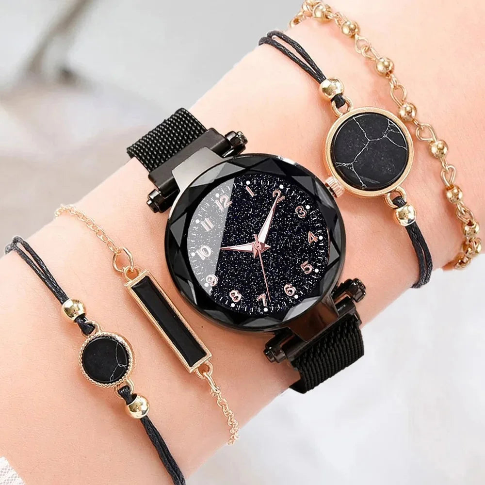 Fashionable Ladies Quartz Watch Set Simple Korean Style with Magnetic Strap Starry Sky Design Versatile Accessory for Women