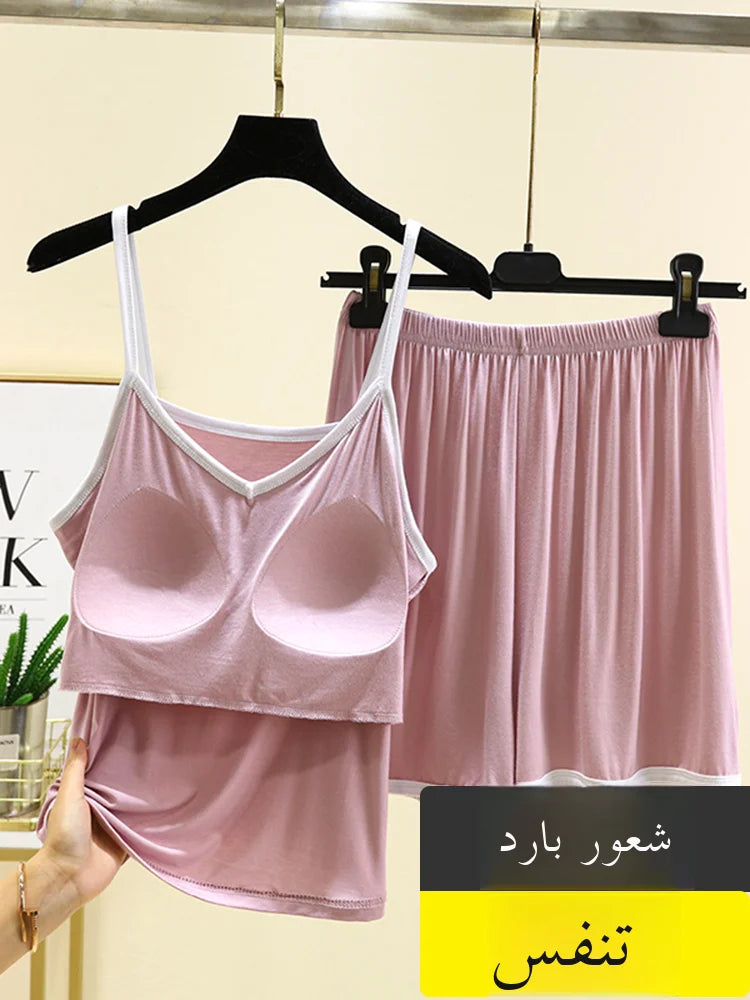 Modal Thin Women's Nightgown Set with Chest Pad V-Ne ort Pants Two-Piece Suit Home Clothes Outdoor Wear No Bra Needed