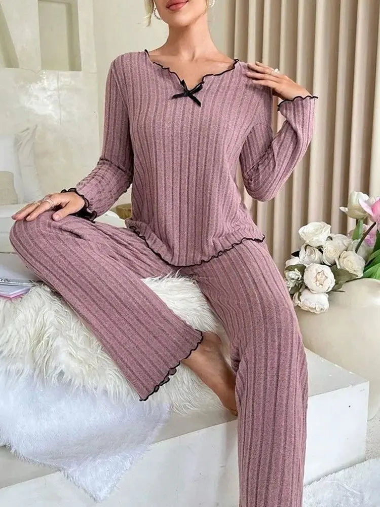 Autumn Winter Warm Flannel Pajamas Set Women Sleepwear Long Sleeve T-shirt Top and Trousers Casual Homewear Loungewear