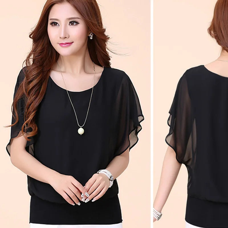 1pcs Summer Batwing Sleeve Chiffon T-Shirt Loose-Fit Women's Clothing Base Layer Top Fashionable Lady Plus Size Short Sleeves