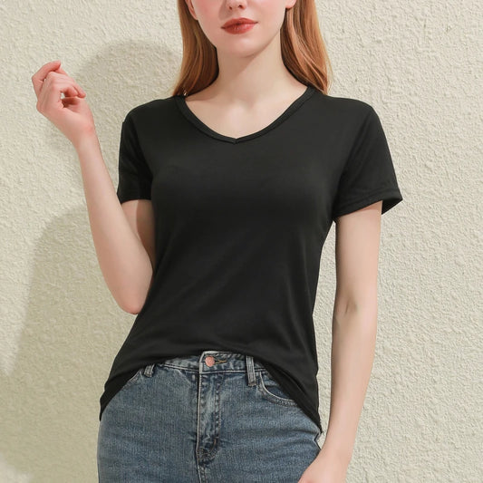 2024 Short T-Shirts Summer Women's Short Sleeve Round Neck Casual Blouse Shirts Solid Color Tops  Black / White