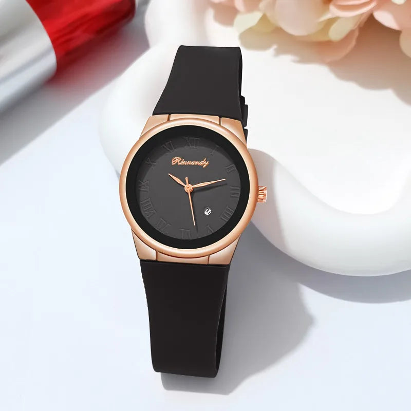 Ladies watch, simple and stylish silicone tape Roman disc with calendar quartz watch