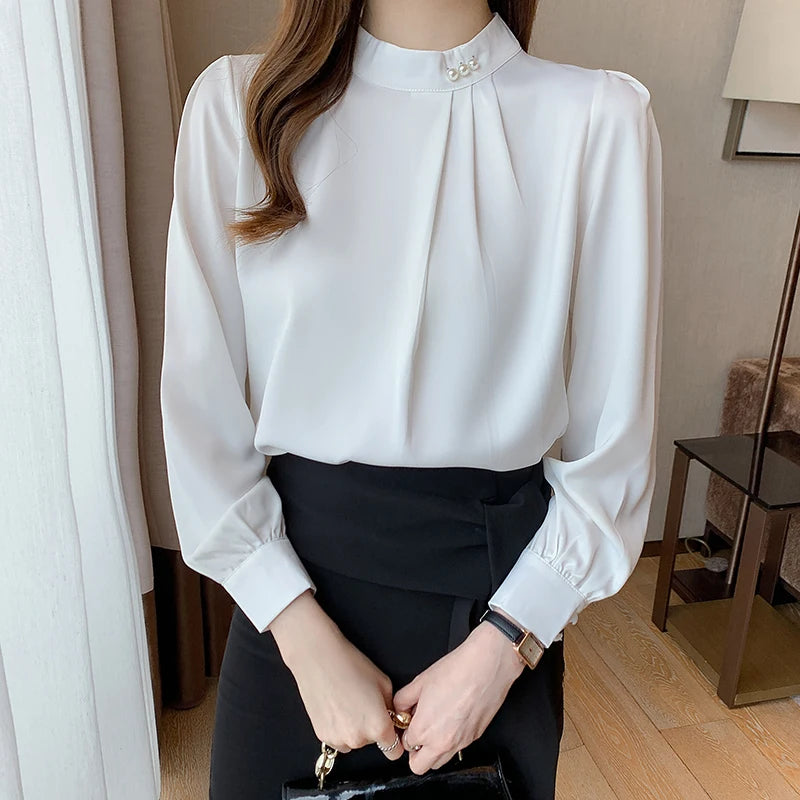 Spring Autumn Satin Women's Blouses 2025 New Long Sleeve Beading Solid Stand Collar Workwear Office Lady Elegant Shirt Female