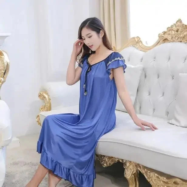 Long Ice Silk Sleep Dress Short Sleeve Women's Nightgown Home Clothes plus Size Simulated Silk Summer Sleepwear Robe