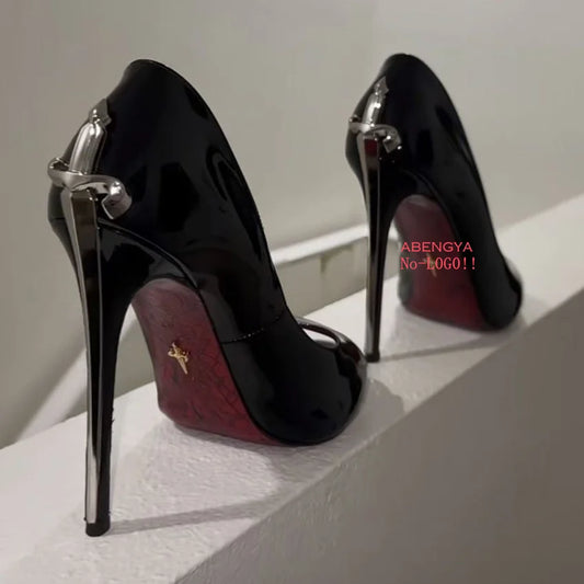 2025 Hot Sale Black Leather Prom Shoes Women Pumps Metal High Heels Dress Shoes Autumn Sexy Party Banquet Shoes For Women