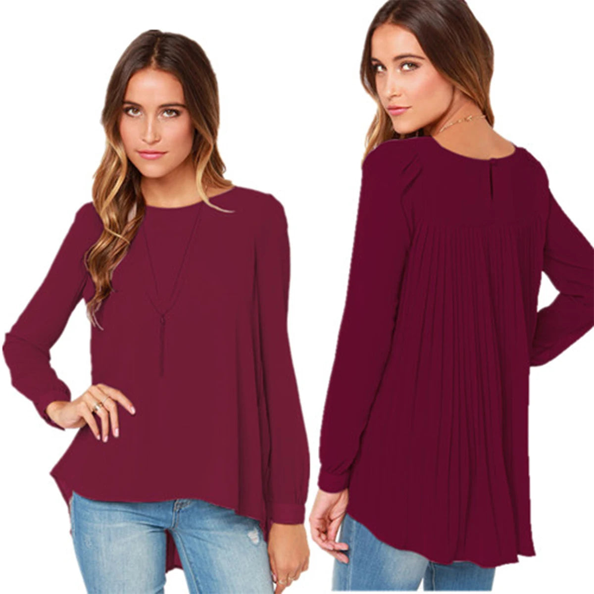 New Women Sexy Casual Loose Chiffon Blouse Long Sleeve Solid Crimp Shirts