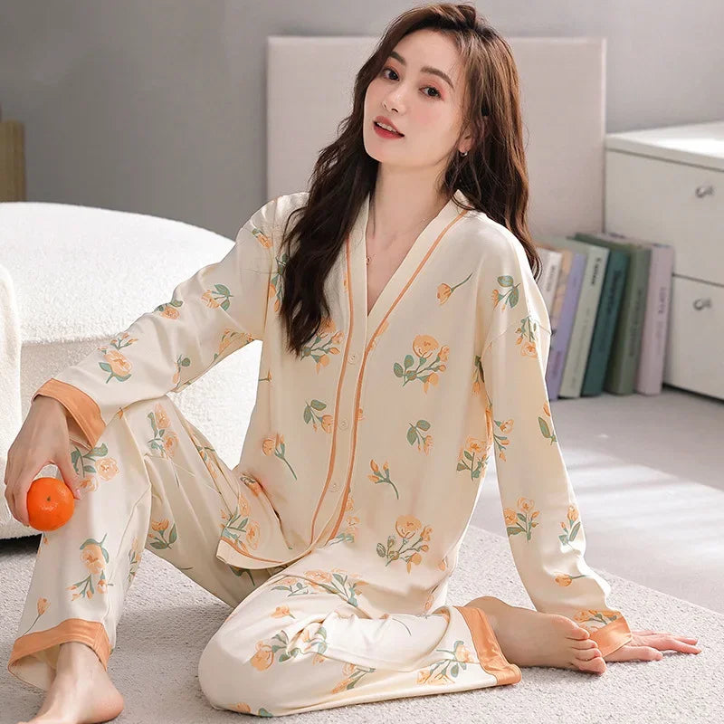 Women's Spring Autumn Long Sleeve Cotton-Like Kimono Loose-Fit V-Neck Sleepwear Sweet Home Clothes Korean Style Outer Wear