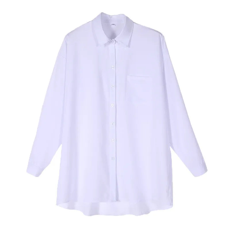 Long Sleeve White Blouse Shirt Pocket  Women Loose Chiffion Spring Autumn Students Lazy Style Casual Top Mid Length Blouses 2023