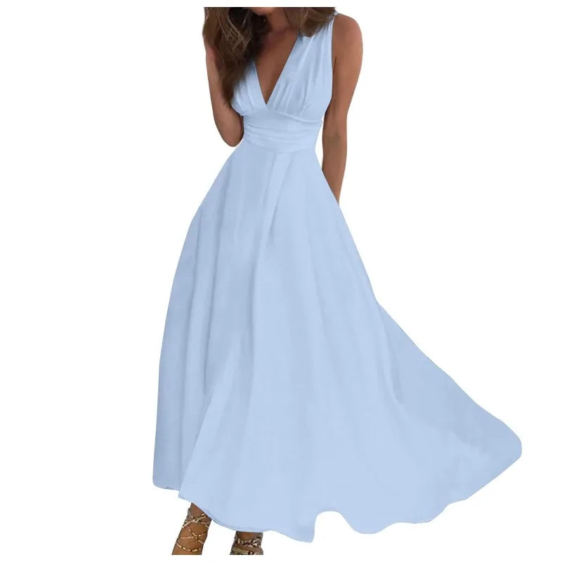 Women'S Fashion Casual Dresses Spring And Summer Solid Color Sleeveless V Neck Side Zipper Style Long Dress Elegant Sundress