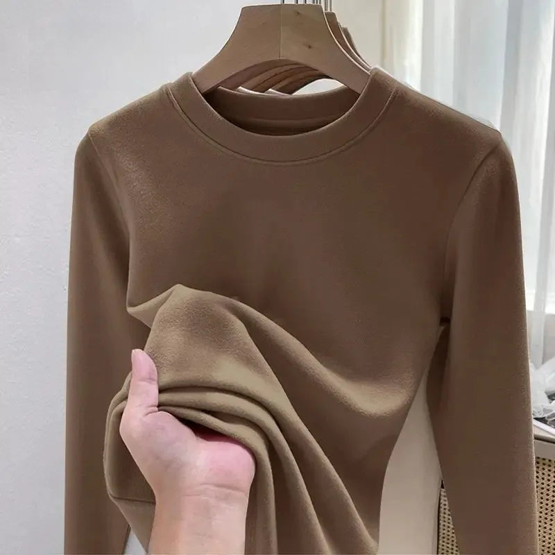 Women's Fleece Lined Long Sleeve T-Shirt Base Layer Shirt Autumn Winter New Style Slimming Versatile Inner Wear Crew Neck Top