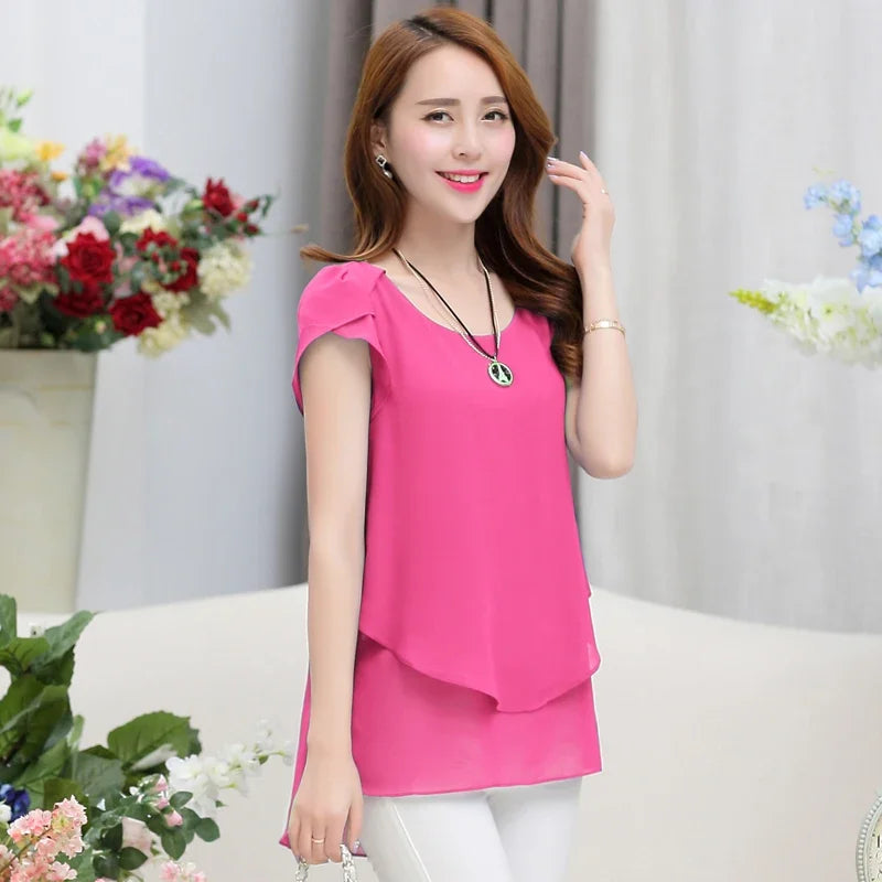 Womens Short Sleeve Chiffon Blouse Peplum Summer Tops Ladies Long Office Shirts  Ruffle Blouse Femme 4XL 5XL