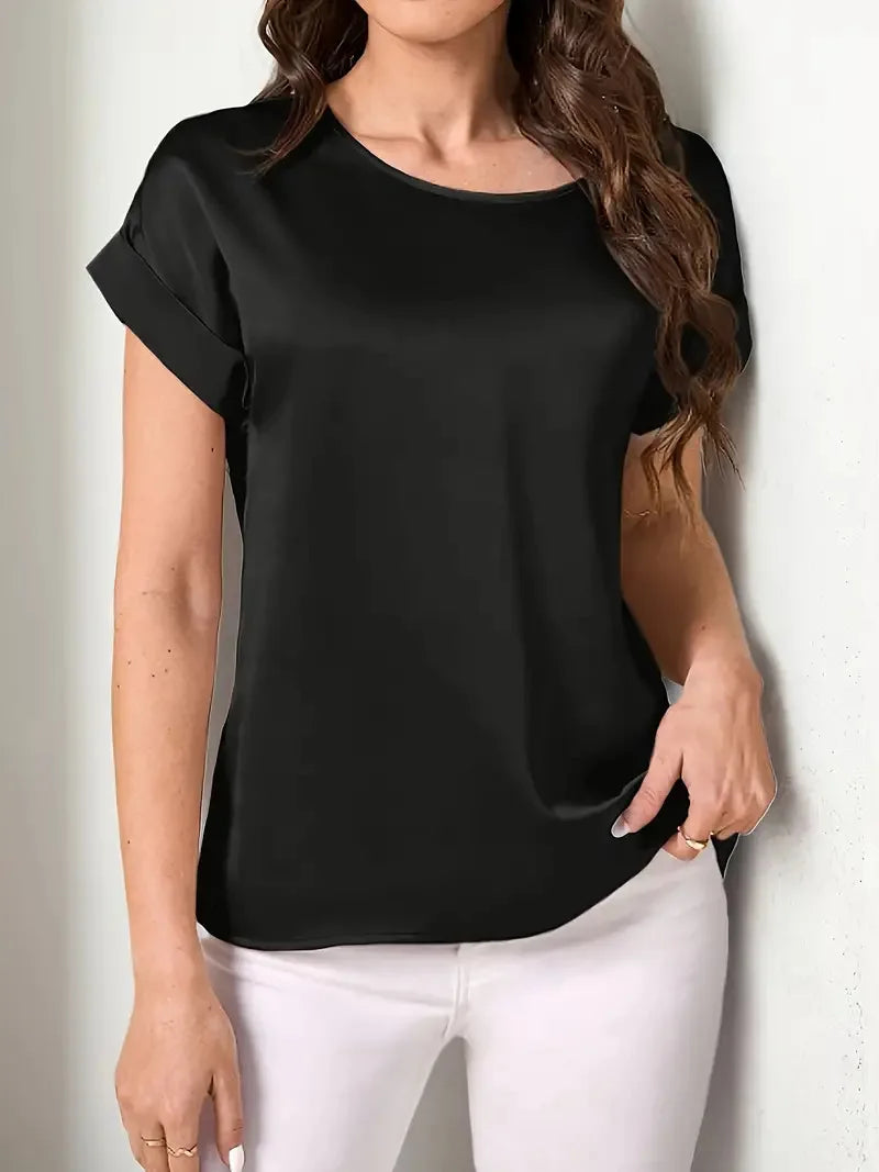 2025 Women's Clothing Summer New Simple Style Round Neck Solid Color Light Sensation Short Sleeve Loose T-shirt