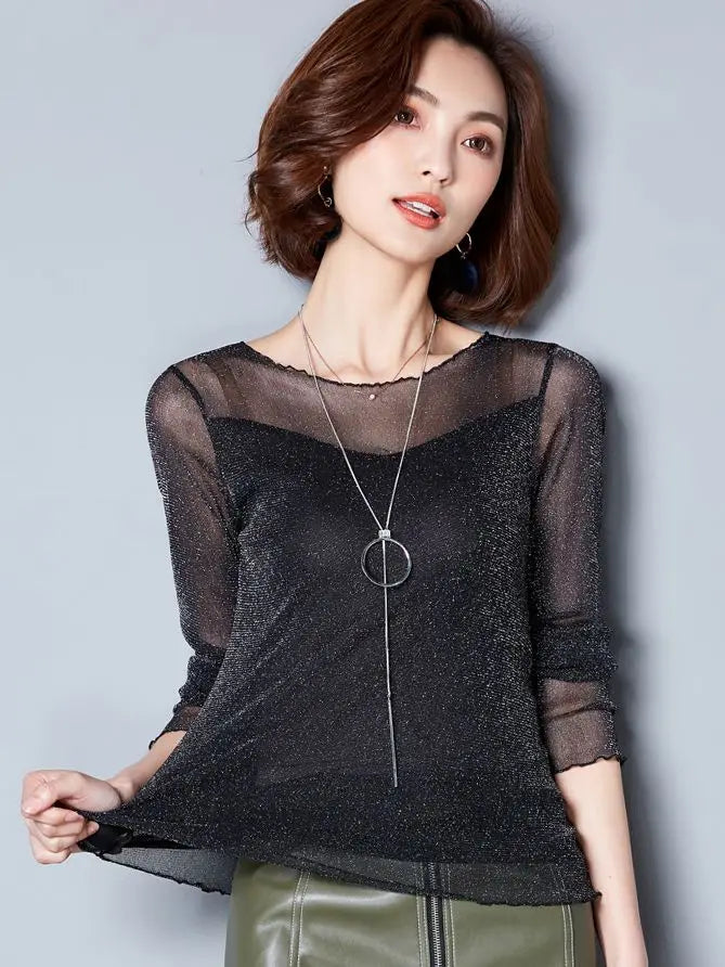 Glitter Mesh Blouse Sexy Womens Shirts Long Sleeve Tops Korean Black Pink O-Neck Elegant Slim Blouse Camisas Femininas