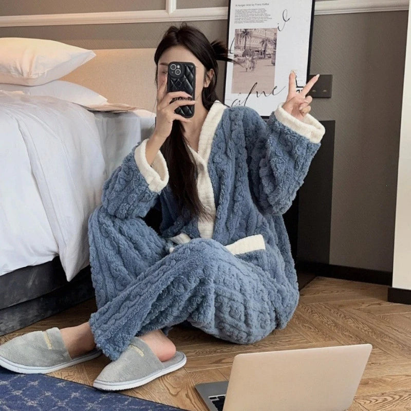 2pcs/Set Autumn and Winter Pajamas Women Thickened Padded Warm Students Coral Girls Clot Velvet Suit Homewear Cardigan Trousers