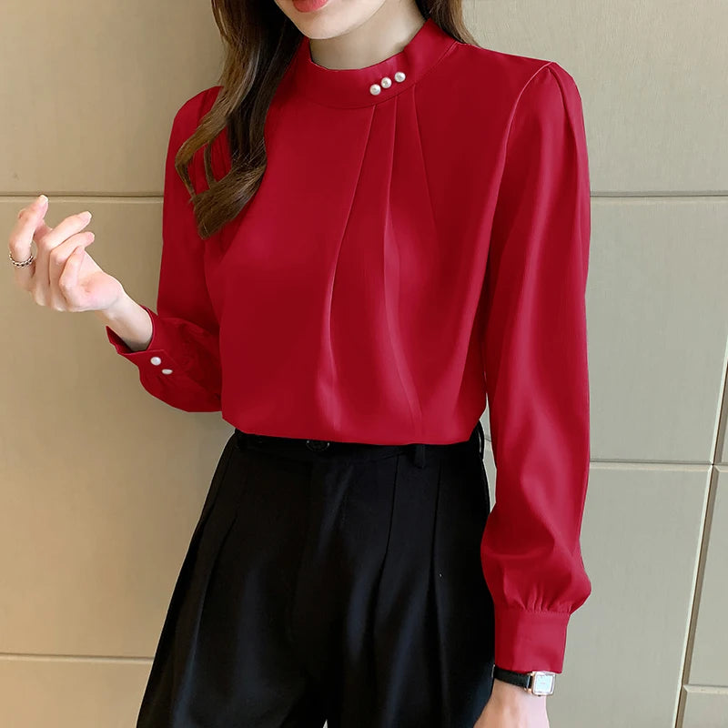 Spring Autumn Satin Women's Blouses 2025 New Long Sleeve Beading Solid Stand Collar Workwear Office Lady Elegant Shirt Female