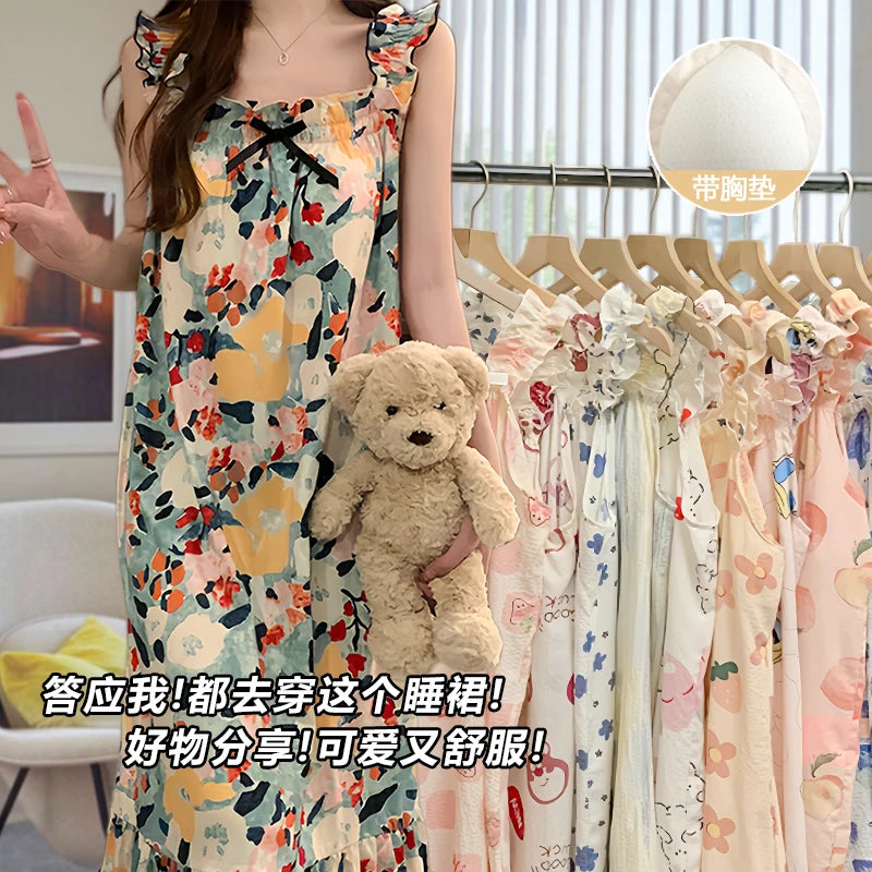 Cloud Cotton Sp Dr Women's Summer Strap Built-in Chest Pad Medium Length Thin Cute 2025 New Nightgown Home Clothes