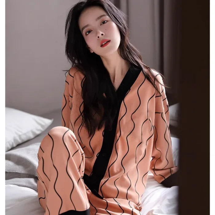 Women's Spring Autumn Long Sleeve Cotton-Like Kimono Loose-Fit V-Neck Sleepwear Sweet Home Clothes Korean Style Outer Wear