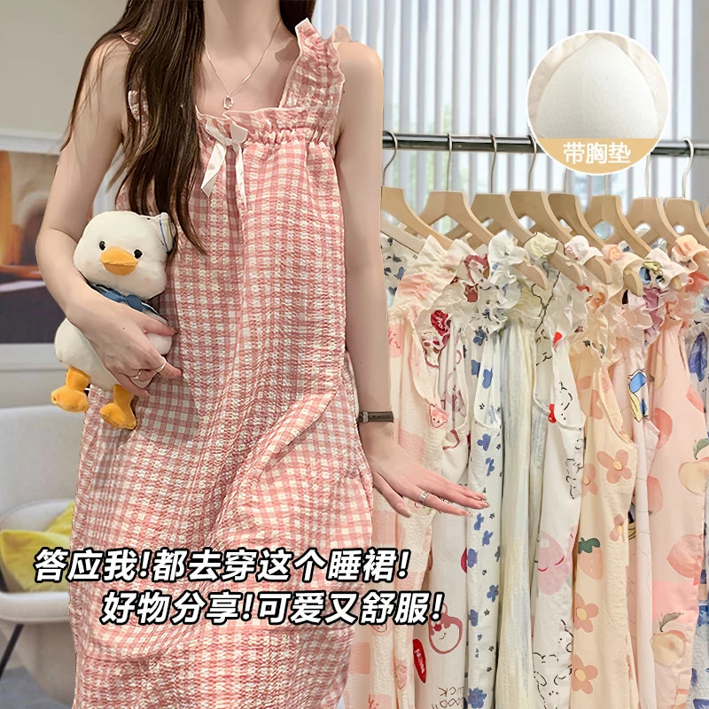 Cloud Cotton Sp Dr Women's Summer Strap Built-in Chest Pad Medium Length Thin Cute 2025 New Nightgown Home Clothes