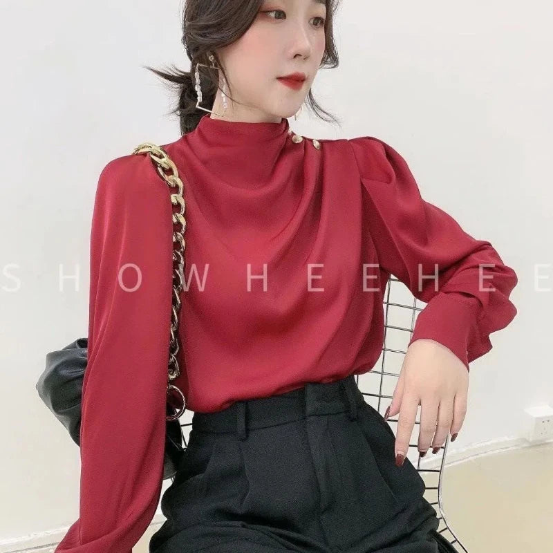 Women Clothing Thin Spring New Long Sleeve Button Patchwork Elegant Blouse Solid Loose Vintage Shirt Tops Fashion Temperament