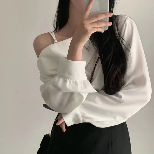 Women's Long Lantern Sleeve Shirt, Sweet Skew Collar, Sexy Off Shoulder Blouse, White Tops, Loose Clothes, Spring, Autumn, 8353