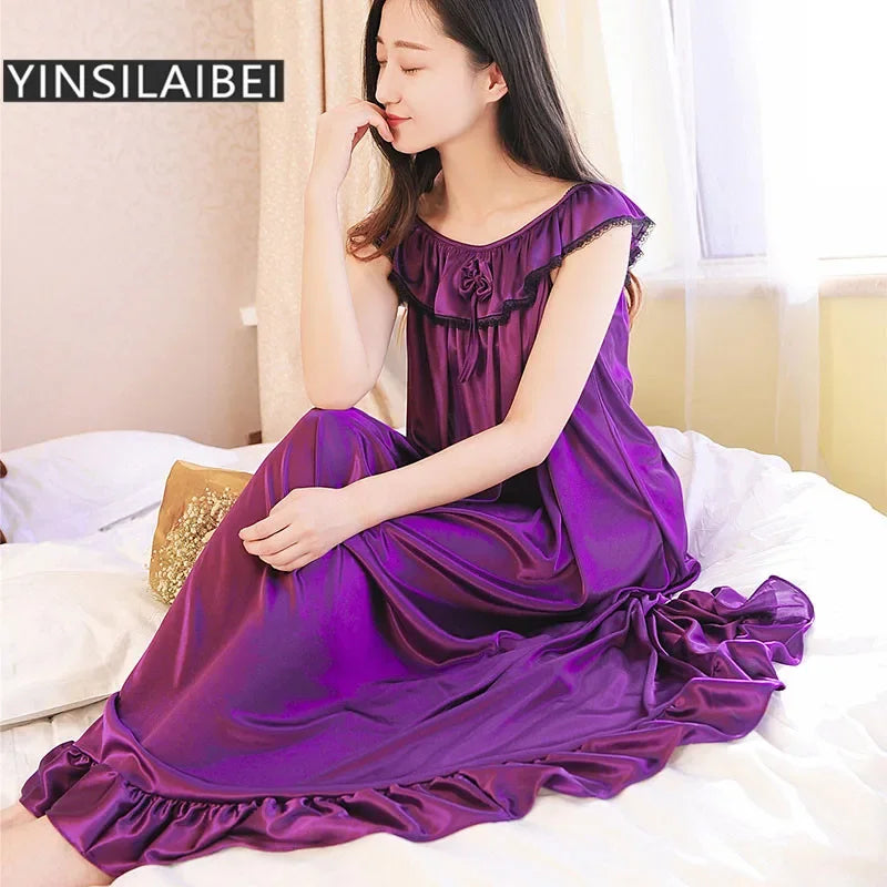 Perspective Female Sleepwear Women's Long Nightgown Large Size Sexy Faux Silk Satin Nightdress Women Nightwear Home Clothing