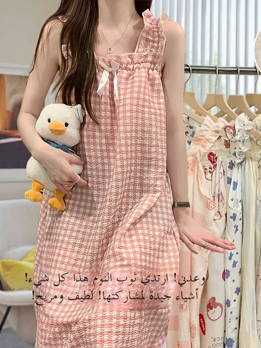 Cloud Cotton Sp Dr Women's Summer Strap Built-in Chest Pad Medium Length Thin Cute 2025 New Nightgown Home Clothes