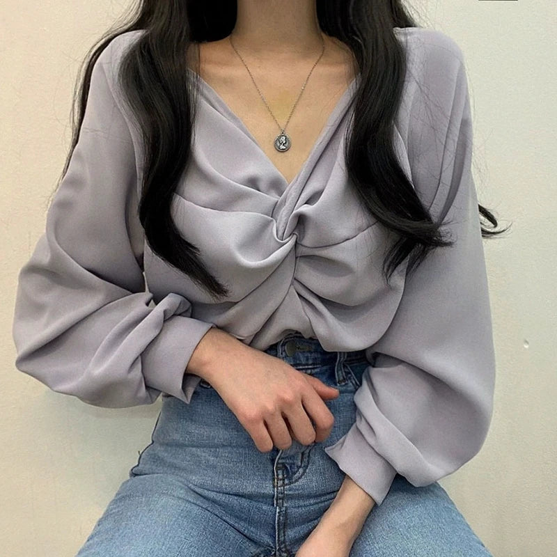 Korean Sle Pleated V-Ne Long Sve irt Women's Spring Autumn New Design Sensation Small ence Age Reduction Top