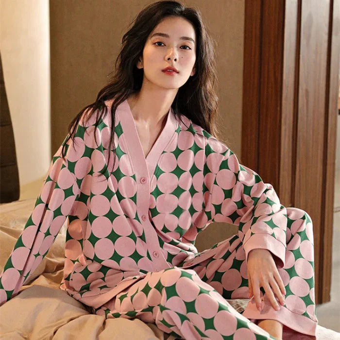 Women's Spring Autumn Long Sleeve Cotton-Like Kimono Loose-Fit V-Neck Sleepwear Sweet Home Clothes Korean Style Outer Wear