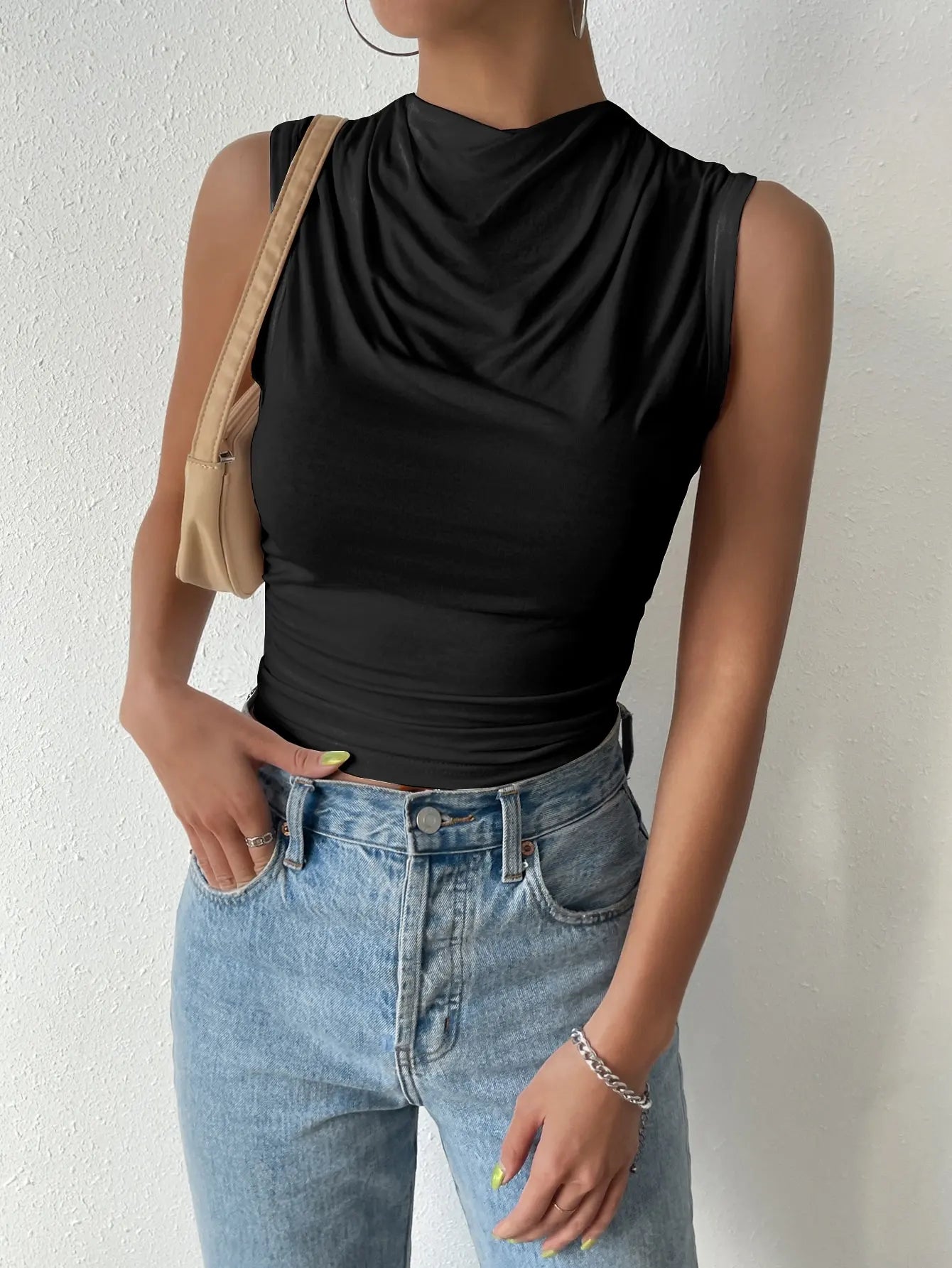 Women's Casual Pleated Design Top Summer Fashion Street Style Solid Color Slim Half High Neck Sleeveless T-Shirt Top