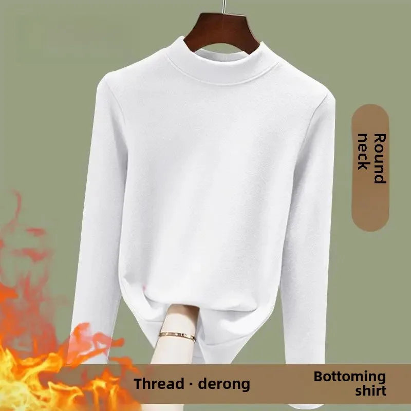 Women's Fleece Lined Long Sleeve Crew Neck Base Shirt Thermal Top Pure Color Spring Autumn Fashionable T-Shirt Polyester Fiber