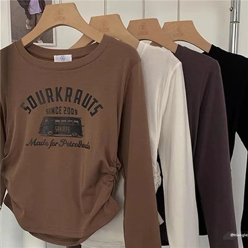 French Style InnerTop Women's Brown Long Sleeve T-Shirt Cropped Slim Fit Coffee Color Base Layer Top Autumn Crew Neck Polyester