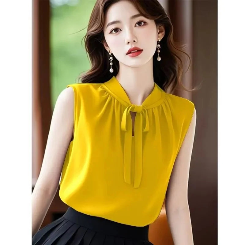 French Women Fashion Chiffon Blousees Vest Summer Ladies Bow Blouse Waistcoat High-grade Female Solid Color Sleeveless Shirts