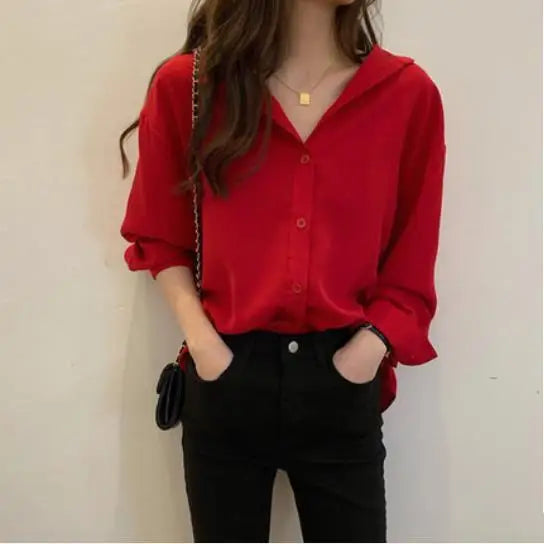 Women's Chiffon irt Long Sve Trendy Autumn plus Size Red Color 2024 New Year Faion Top  Collar Button down T-irt