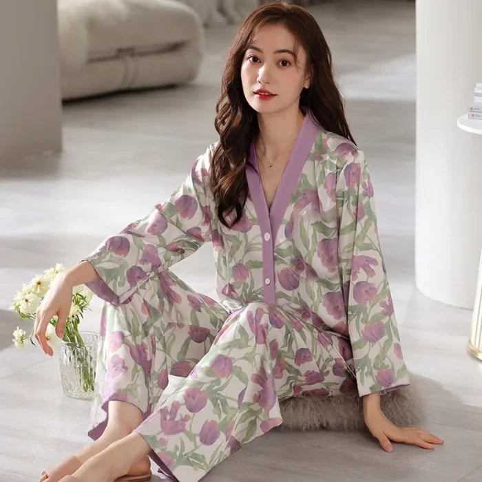Women's Spring Autumn Long Sleeve Cotton-Like Kimono Loose-Fit V-Neck Sleepwear Sweet Home Clothes Korean Style Outer Wear
